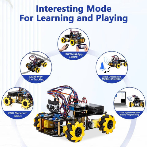 Smart Robot Car Kit For Arduino And ESP32 Controllers showcasing features like 4WD wheels and IR control, ideal STEM project for kids.