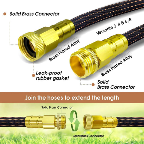 25ft lightweight flexible garden hose with orange-black braided exterior and solid brass connectors; non-kink, leakproof.