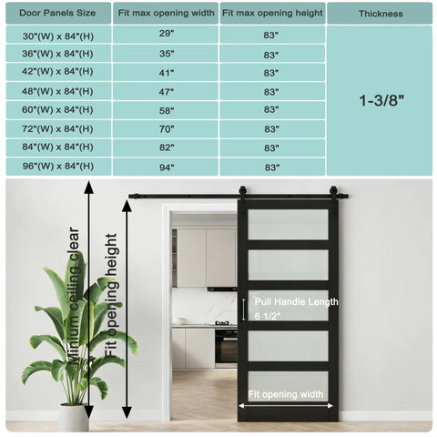 Frosted Glass Barn Door With Black Steel Frame And No Fuss Six Foot Sliding Hardware Kit, 30 By 84 Inches Solid Core Wood Door Installed
