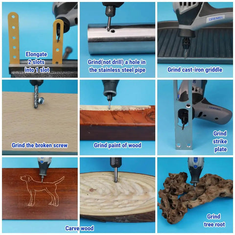 Collage demonstrating the use of Three Collets and Twenty Carbide Burr Bits Set For Rotary Tools in various materials