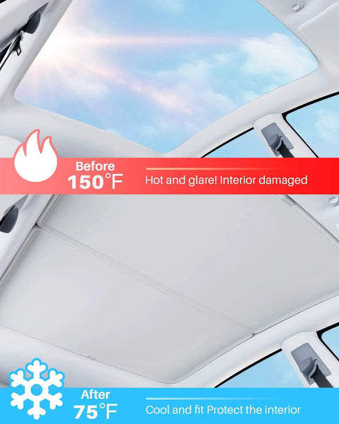 Model Y Upgraded Magnetic Sunshade Ice Silver Nano Coating 2 Piece Set Blue installed on Tesla Model Y roof interior view