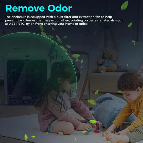 Children playing near Metal And Tempered Glass Open Printer Enclosure with drag chain and filter fan for SV08 upgrade