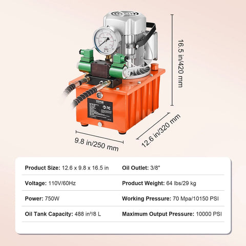 VEVOR 10000 PSI hydraulic electric pump with 750W copper power engine on orange base, gauge and hoses