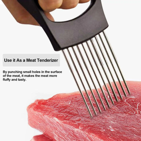 Onion Holder Slicer And Multifunction Kitchen Cutter used on raw meat to show its tenderizing capability and stainless steel design