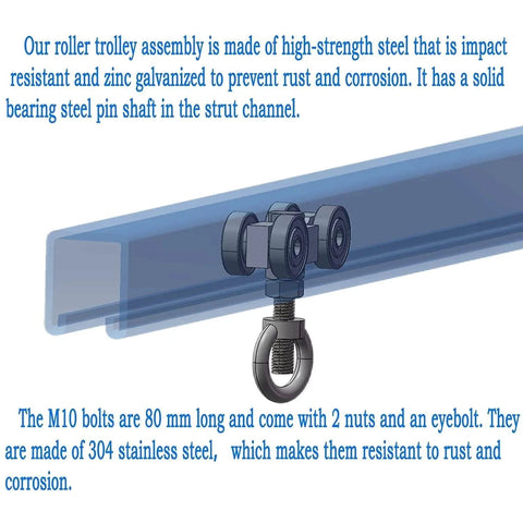 Four Wheel Silent Bearing Trolley Assembly For One And Five Eighths Wide Unistrut Strut Channel with M10 Bolt and Eyebolt