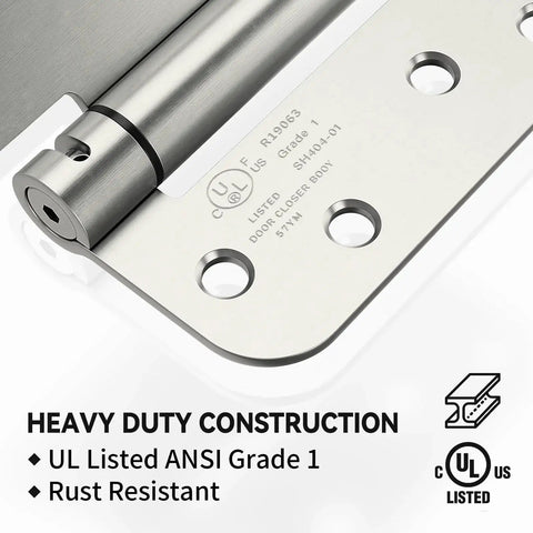 Close-up of 3 Pack Self Closing Door Hinges 4 Inch Spring Loaded For Garage Front Back Doors in brushed nickel with UL listing