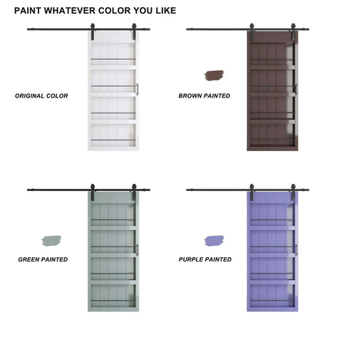 Four 72 Inch Double Sliding Barn Doors With Shelf Style in original, brown, green, and purple on display; 84 Inch Tall Primed MDF Build