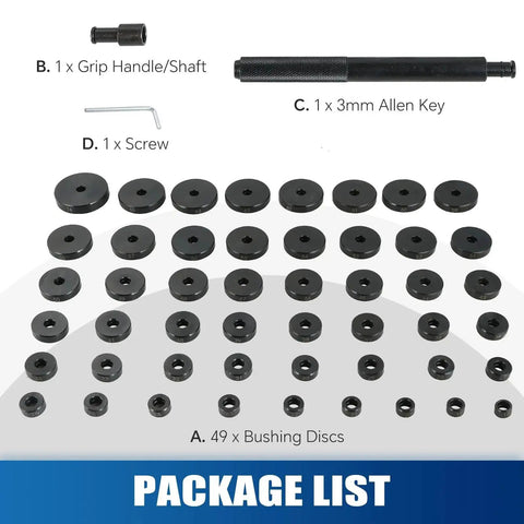 52 Piece Bearing And Seal Driver Set with interchangeable heads, showing grip handle, hex key, and bushing discs in package list