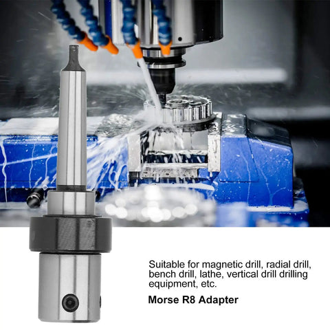 Steel Morse R8 drill adapter (MT2), 19.05 mm, installed on milling spindle with coolant lines