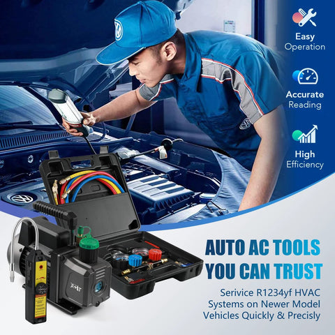 PB Motor TECH auto AC tool kit in open case with 4.5 CFM vacuum pump and 3-way R1234yf manifold gauge set with hoses