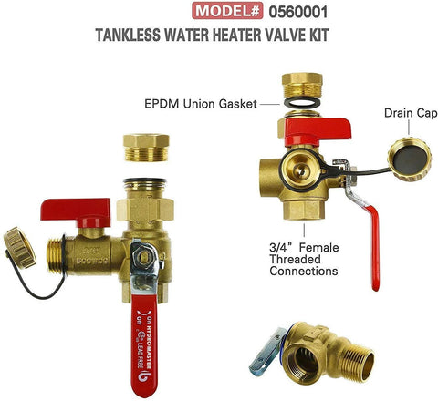 HYDRO MASTER tankless water heater valve kit in brass with red handle and 3/4-inch IPS fittings, pressure relief valve