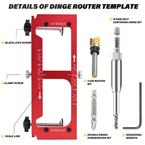 Aluminum Alloy Door Hinge Mortiser and Adjustable Jig for hinge installation; includes router bit, lock screw, and wrench.