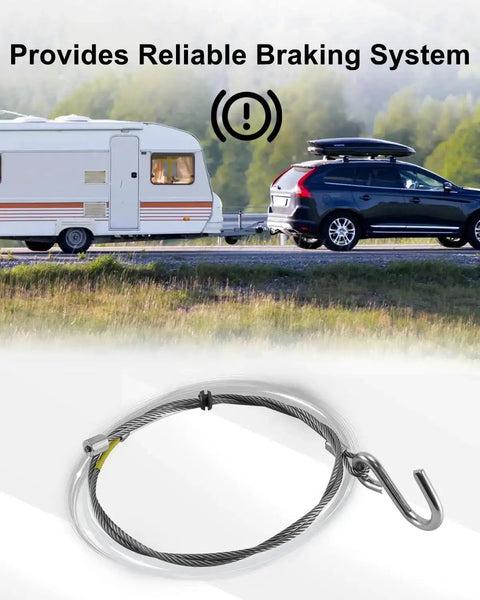 Trailer Breakaway Cable Assembly For A-60 Brake Actuator Disc And Drum, coiled cable with safety hook, trailer background.