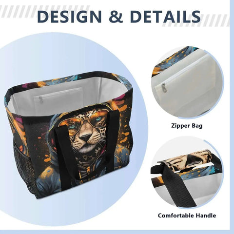 Cheetah Print Large Tote Bag For Women Canvas Tote Purse Reusable Grocery Bag Top Handle Handbag Travel And Work Everyday Carry Durable Waterproof Lining Front Pocket with comfortable handle and zipper bag