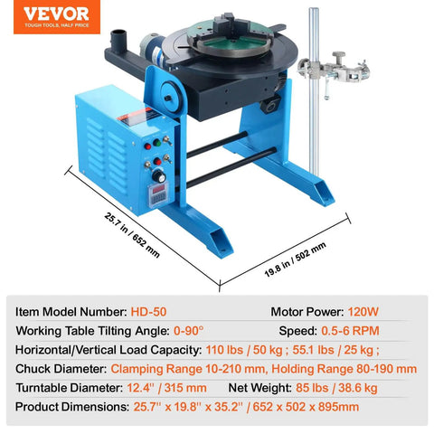 Rotary Welding Positioner 50Kg With 0 To 90 Degree Turntable, Low Speed 0.5 To 6 RPM, 120W Motor, Includes 12.4 Inch 3 Jaw Lathe Chuck And Torch Stand
