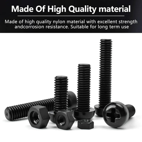 1212 Piece Black Nylon Pan Head Phillips Screws Bolts Nuts Assortment For Microcontroller Board Projects Insulate Or Fasten PCB Boards M2 M3 M4 M5 M6 Metric Threaded Screws And Nuts Set displayed on white background, showcasing nylon material quality.