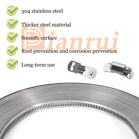 Diy Hose Clamps 12 Foot 304 Stainless Steel Metal Strap Assortment Kit With 8 Pcs Stronger Fasteners, showing steel material and fasteners
