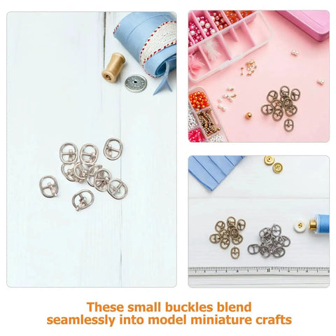 Mini Alloy Belt Buckles Set 150Pcs Tiny 5.5mm Doll Belt Fasteners Silver Black Bronze For Doll Clothes Shoes And Sewing Accessories Diy Craft Buckles For Creative Crafters displayed on crafting table with sewing tools