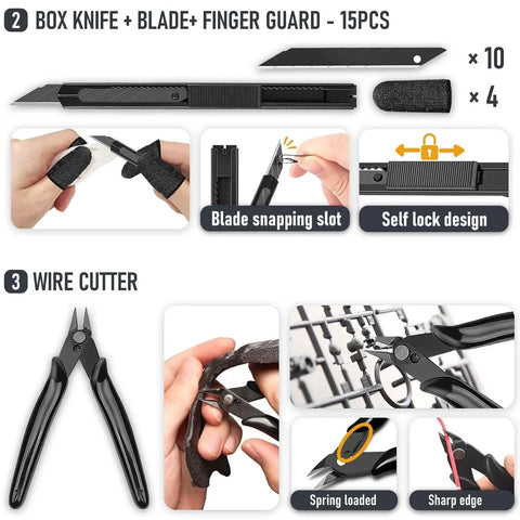 Box knife and wire cutter from All In One 3D Printer Tools Kit For Finishing And Maintenance 56 Essential Tools Including Deburring Tool