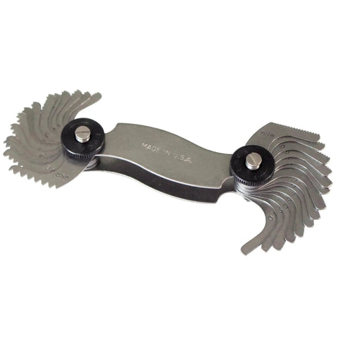 Made In USA Screw Pitch Gauge With 28 Leaves 0.25 To 2.50 Mm Metric Pitch Measures For Coarse And Fine Thread Forms Pro Grade Hardened Steel Thread Gage Tool For Machinery Automotive And Fasteners, shown with extended leaves.