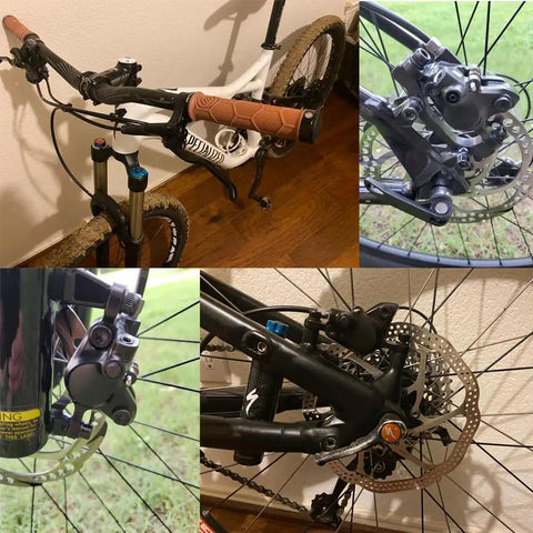 Cyclon MT200 MTB hydraulic disc brake set with SM-RT rotors; aluminum alloy, left-front 800mm and right-rear 1500mm, four-view collage