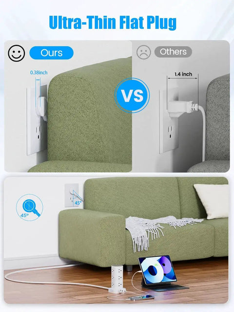 Comparison of ultra-thin flat plug vs standard plug, showing Go To All In One Power Strips With Surge Protection And USB Ports 12 AC Outlets 4 USB Ports 2 USB C 6 Ft Flat Extension Cord Overload Protection Charging Station For Office Home Dorm Travel used behind a sofa.