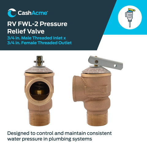 Pair of bronze Cash Acme RV FWL-2 pressure relief valves, 3/4 in. male inlet x 3/4 in. female outlet, 75 PSI.