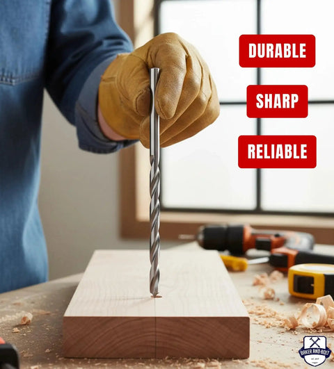 Extra Long 12 Inch Brad Point Drill Bit Set For Wood With Titanium Coated High Speed Steel Bits Pro Grade Pack Ten From One Eighth Inch To One Half Inch Includes Storage Sleeve For Deep Holes And Precision Woodworking in use on wood block.
