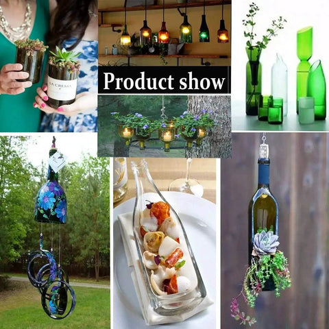 Collage of upcycled glass bottle crafts including planters, candle holders, and decorative wind chimes.