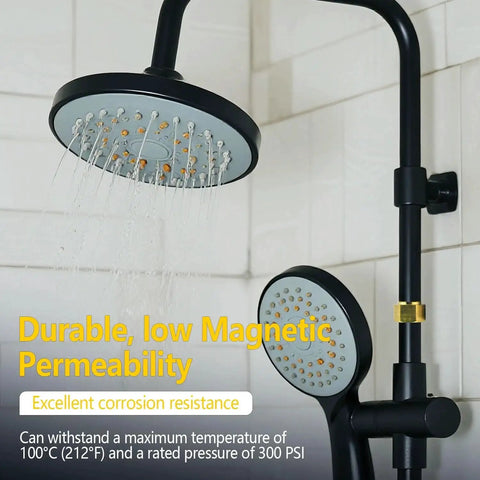 Black shower system with Five Pack Half Inch Brass Extension Adapter Set with rainfall and handheld showerheads
