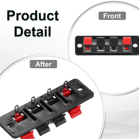 Front and angled view of 4 Way Spring Terminal Clip Push Release Connector Plate Jack Socket for Speaker Rig with red/black coding.