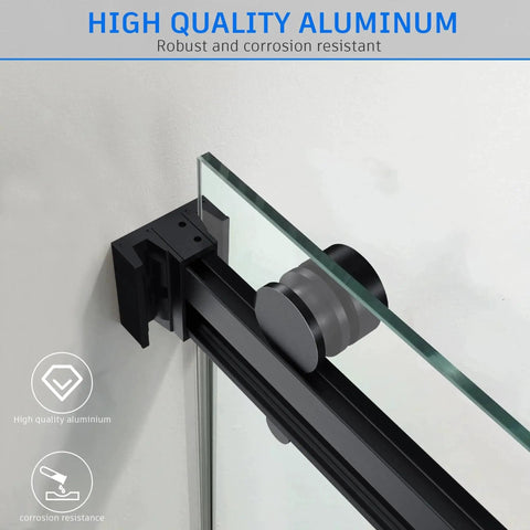 Close-up of Frameless Double Sliding Shower Door With Adjustable 56 To 60 Inch Width And 76 Inch Height, 8mm Clear Tempered Safety Glass, Matte Black Stainless Steel Hardware.