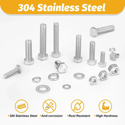 Heavy Duty Stainless Steel Hex Bolts And Nuts Kit With 744 Piece SAE Assortment showing 304 stainless steel bolts and washers