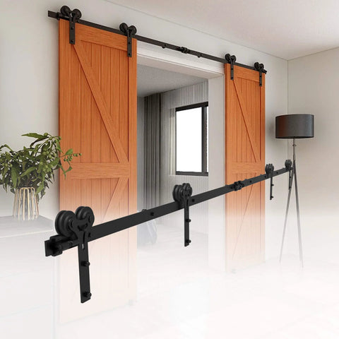 12ft Sliding Barn Door Hardware Kit With Floor Guide And Premium Nylon Roller Wheels For Double Wooden Doors Up To 36 Inch Wide