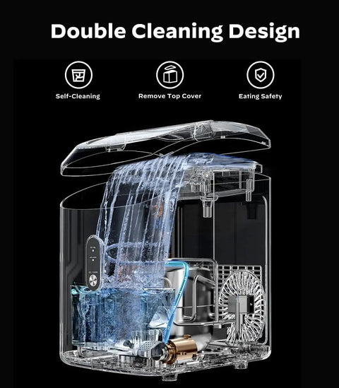 Open view of Countertop Nugget Ice Maker With Self Cleaning Function Fast 33 Lbs Per Day showing cleaning mechanism.