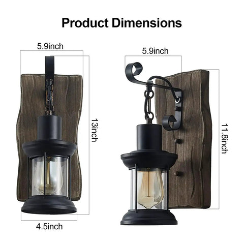 Set Of Two Rustic Industrial Wall Sconces In Black Metal with Wood Backplate, front and side dimensions displayed for farmhouse lighting.