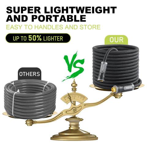 Relxitl 50ft black garden hose with 10-function sprayer; flexible, leakproof, pressure-resistant.