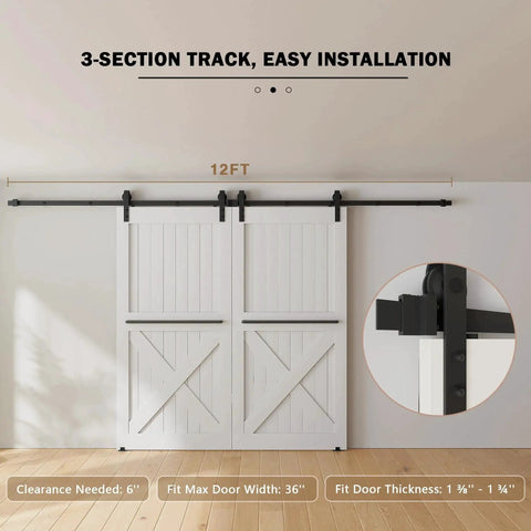 12 Foot Sliding Barn Door Hardware Kit Fits Double Doors Up To 36 Inch Wide Heavy Duty Carbon Steel Track With Premium Ball Bearings Rust Resistant Black Powder Coat And Quiet Smooth Nylon Wheels Easy To Install Doors Not Included, shown installed on white double doors with 3-section track.