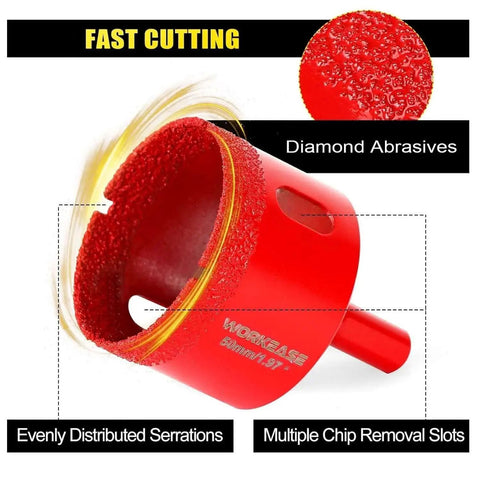 Close-up of red diamond hollow drill bit from Diamond Hole Saw Kit For Glass Tile Porcelain Ceramic Marble 11 Piece Set by WORKEASE.