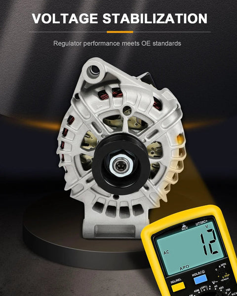 Front view of Drop-In Alternator Replacement for Ford Fiesta 2011-2019, OEM-grade car alternator, showing voltage stabilization.