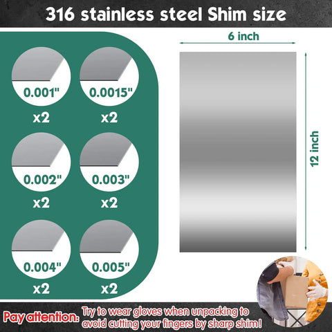 12 Piece 316 Stainless Steel Shim Stock Kit With Flat Sheets 6 By 12 Inch Thick Ranges From 0.001 To 0.005 Inch showing size guide.