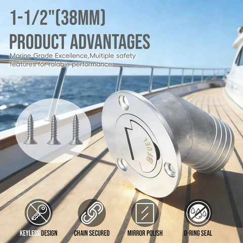 Boat fuel deck fill, 1-1/2 (38mm), 316 stainless, mirror-polished neck with keyless cap, mounted on boat deck