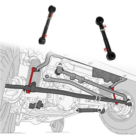 Two black adjustable front sway bar quick disconnects with red pins for Jeep Wrangler TJ/XJ, 2-pack.