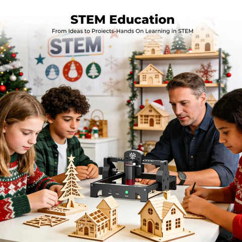 Children and adult using S1 Laser Engraver For DIY Makers And Small Biz, 3500mW Desktop Engraving And Cutting Machine with wooden models