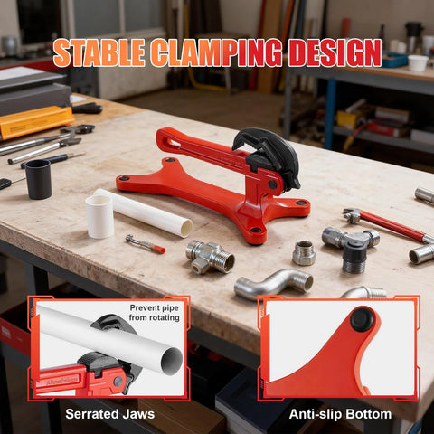 Alwalkee portable pipe vise, red aluminum clamp with serrated jaws and anti-slip bottom for 1/8–1-1/2 in pipes