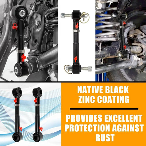 Adjustable front sway-bar quick disconnects for Jeep TJ/XJ, black zinc-coated suspension links (2-pack).