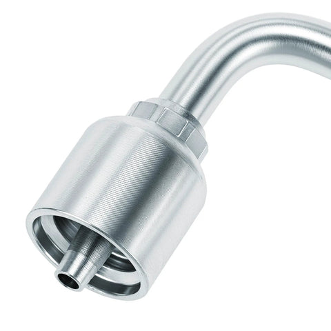 Silver 1/4 inch hydraulic elbow fitting with 90-degree bend and knurled nut