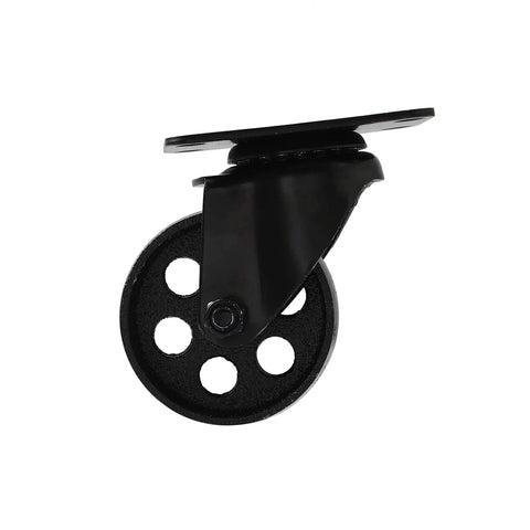 Side view of black iron Heavy Duty Swivel Plate Caster Wheel, 3-inch diameter, no brake, high gauge steel for industrial use by FactorDuty
