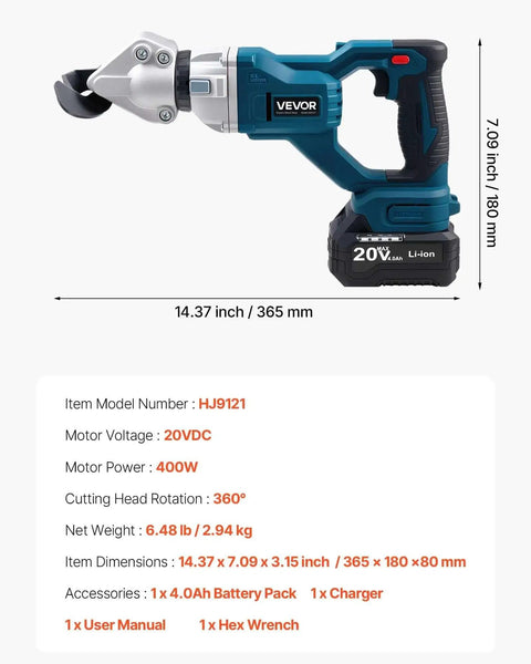 Workhorse Cordless Sheet Metal Cutter With 360 Degree Pivoting Head and Double Blades, front view, dimensions listed