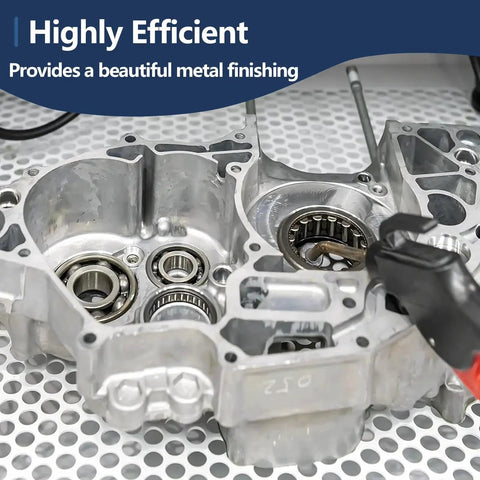 Close-up of metal engine part with bearings and text 'Highly Efficient Provides a beautiful metal finishing.'